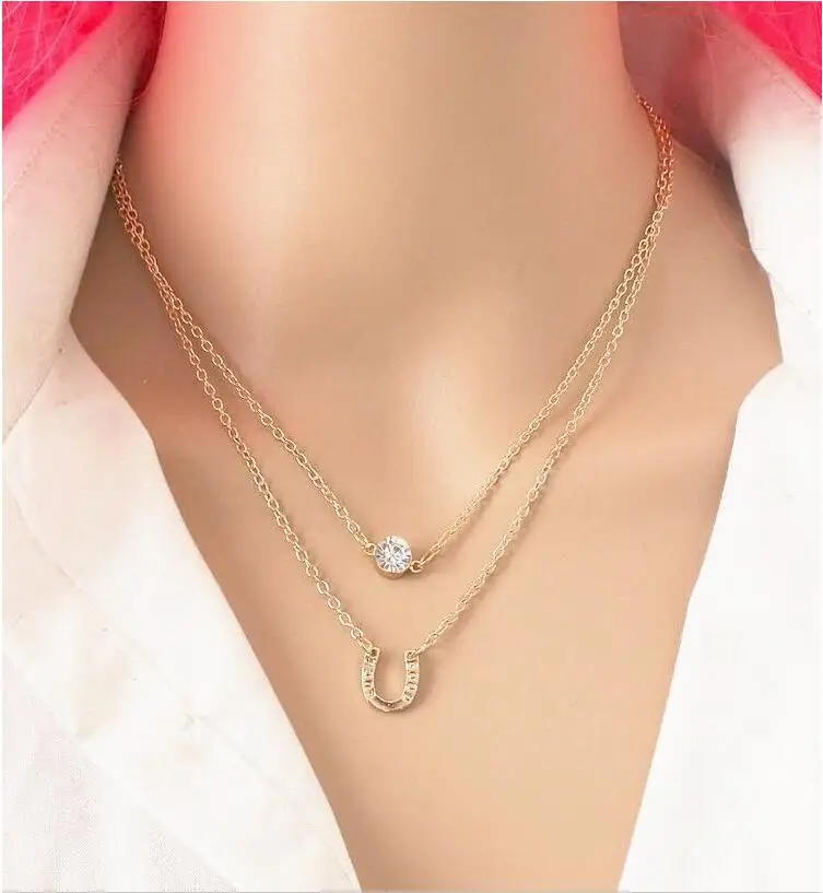 

Europe Simple Letter U Flash Drill Double-Layer Necklace Crystal Horseshoe Multi-Layer Short Clavicle