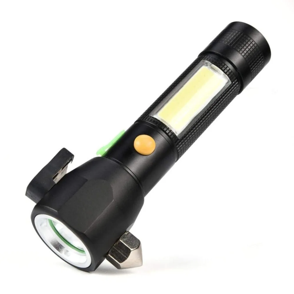 PANYUE LED Flashlight Torch Tactical 5 Modes XPE +COB Light with Emergency Tool Hammer USB