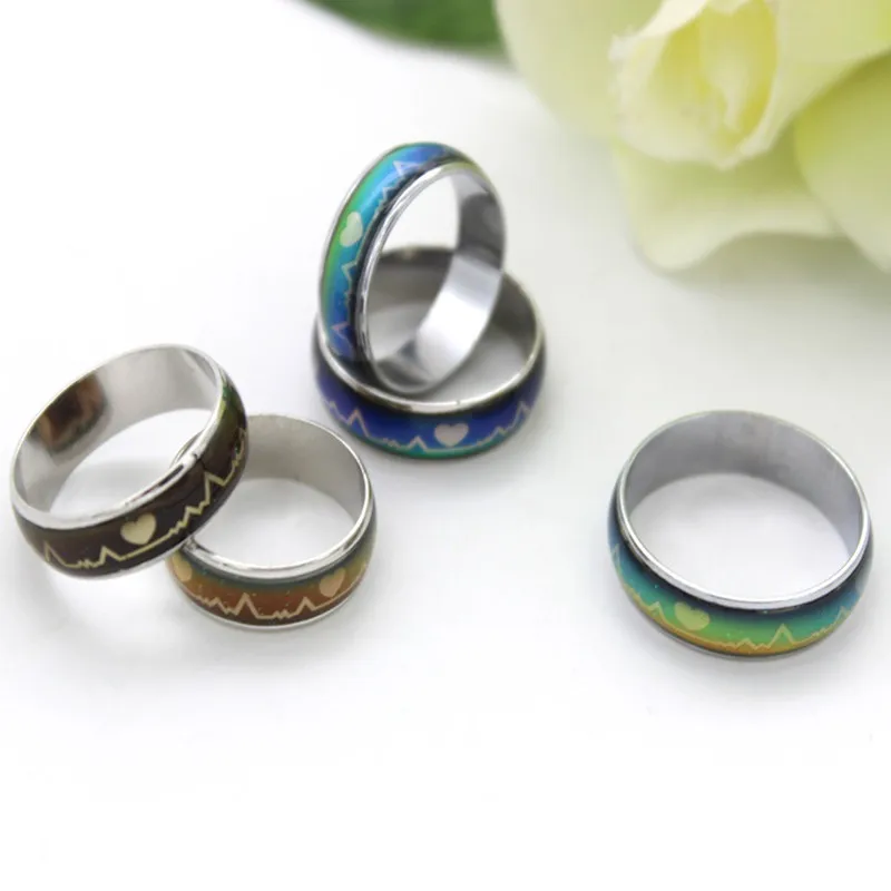 MISANANRYNE Mood Feeling Changing Color Finger Ring Unique Heart Shape Electrocardiogram Pattern Jewelry Creative Couple Rings