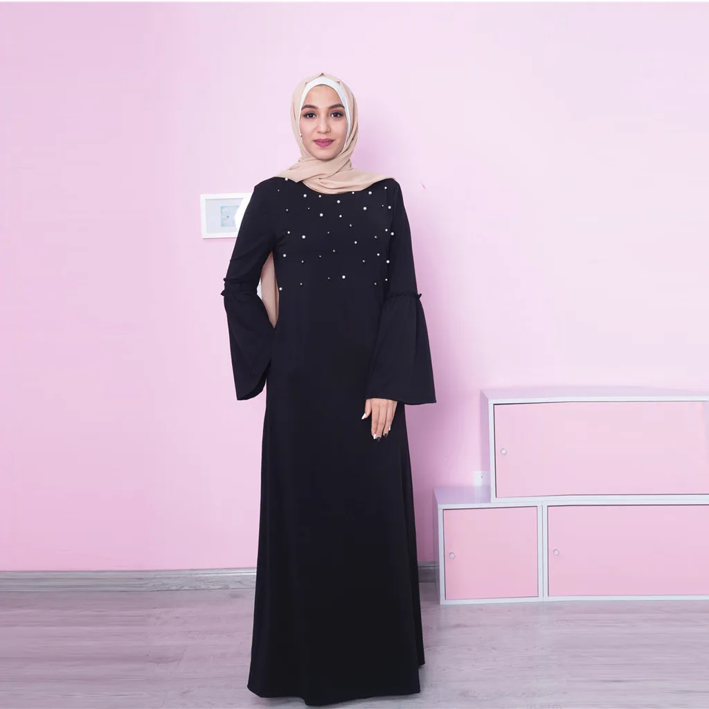 Цвет элегантный Pleated mAh плиссированные рукава abaya вязать с жемчугом Свободные Jilbab простая Абая, для мусульман исламское платье WomenY58