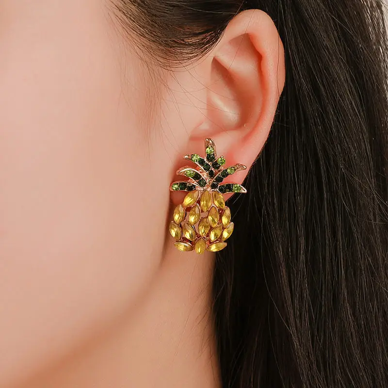 

Doreen Box Ear Post Stud Earrings KC Golden Color Pineapple/ Ananas Fruit Green & Yellow Rhinestone Cute Sweet Jewelry , 1 Pair