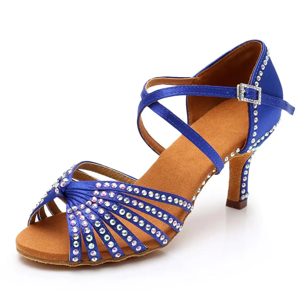 Стразы женские Танго/бальные/латинские танцы танцевальная обувь на каблуке Сальса профессиональная танцевальная обувь для девушек 5 см/7 см - Цвет: 5cm heels Blue