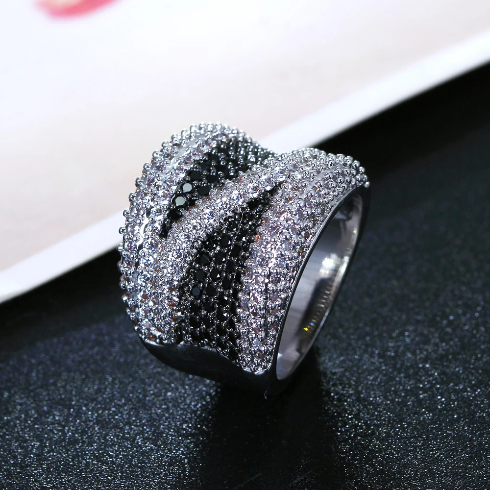 Широкий черный и белый кубический цирконий кольцо на палец модные оптовые ювелирные изделия великолепные медные Металлические модные большие кольца