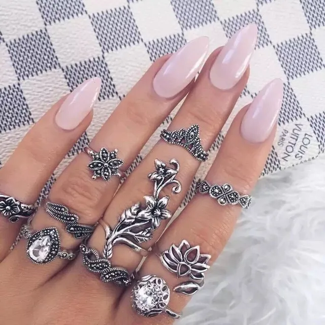 Set12 Flower Lotus Bague Femme, винтажные кольца для женщин, геометрической формы, в стиле бохо, цветок, кристалл, кольцо на кончик пальца, набор, богемный, миди, ювелирные изделия, серебряный цвет - Цвет основного камня: Set12 Flower Lotus