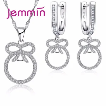 

Simple Women Bowknot Statement Necklaces Earrings Set For Party Birthday 925 Sterling Silver Jewellery Sets For Ladies