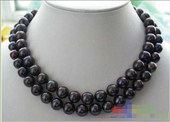 

p1737 2ROW 11mm BLACK ROUND FRESHWATER PEARL NECKLACE 925Ss Noble style Natural Fine jewe fast SHIPPING