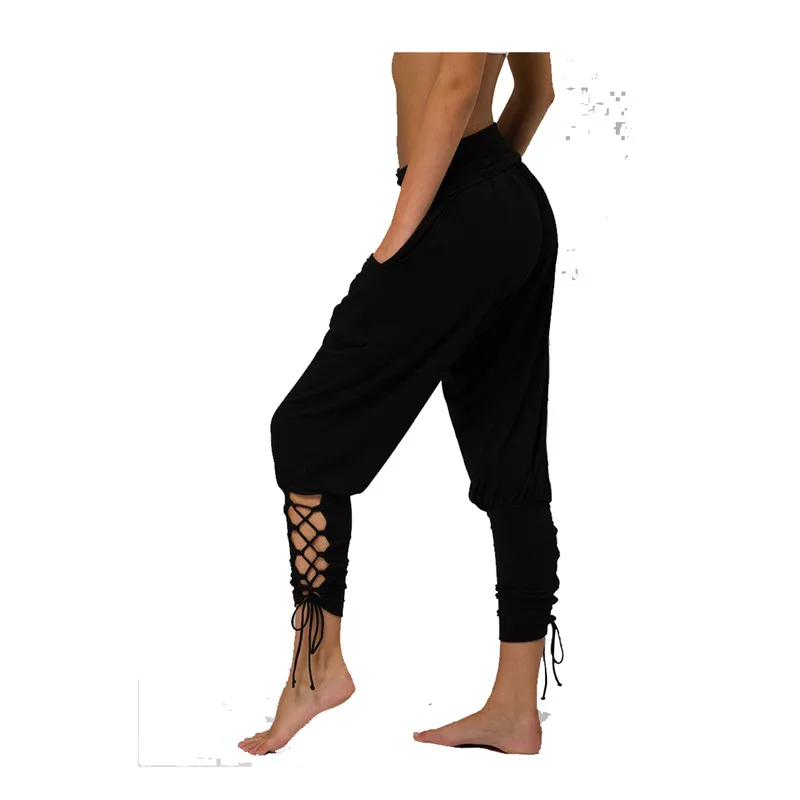 New Ladies Feet Pants Solid Color High Waist Pockets Tie Straps Casual