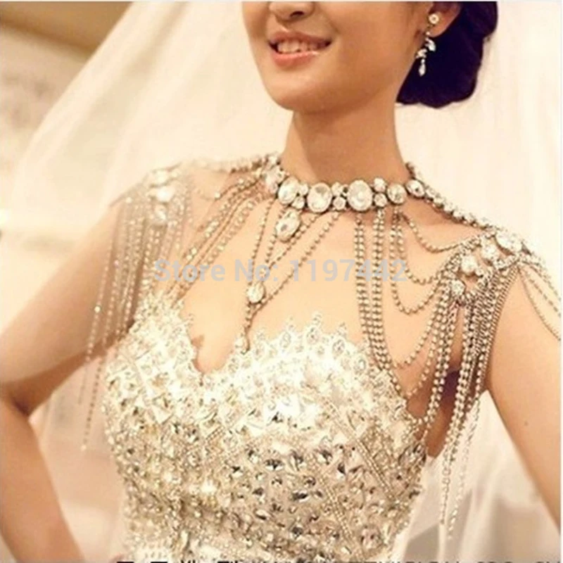 Bridal Shoulder Chains Silver Crystal Big Necklaces Bridal Chain Vintage Wedding Accessories
