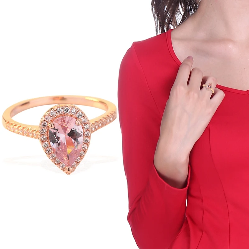Из розового золота Два ореолов натуральный Обручение обручальное кольцо груша с розовым морганитом, ювелирные изделия из драгоценных металлов, Для женщин
