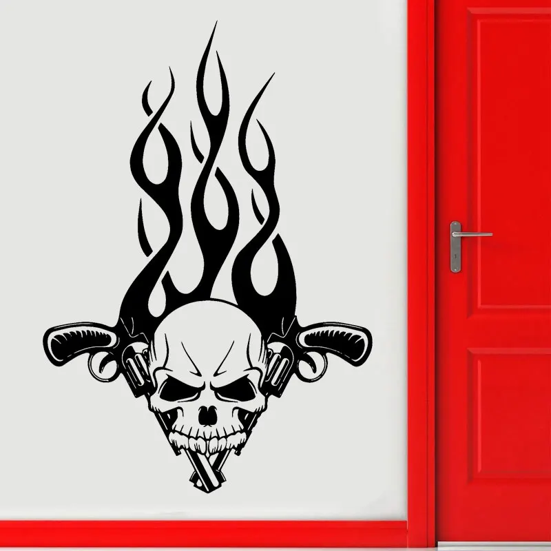 

Skull And Guns Fire Gothic Tribal Decor Plane Wall Stickers Vinyl Self Adhesive Door Decals Living Room Murals Wallpaper Z104