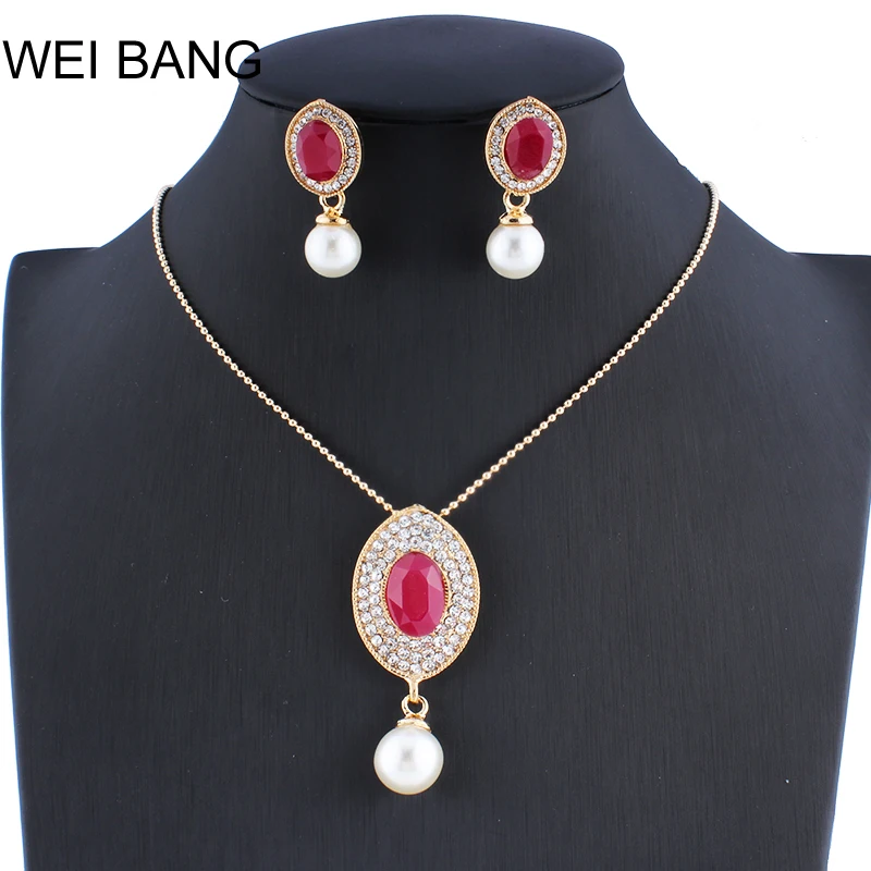 

weibang Turkish women's jewelry set imitation pearl red pendant earrings set of accessories gifts dropshipping