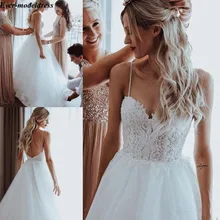 Пляжные свадебные платья с открытой спиной аппликационные жемчужины для кружева Спагетти ремни А-силуэта Свадебные платья Boho Robe De Mariee дешево