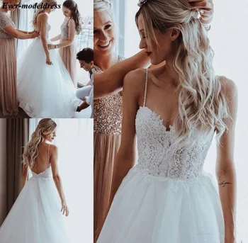 CALIENTE PRECIO ❤️ Vestidos De novia sin espalda encaje apliques perlas espagueti tirantes A-Line vestidos De novia estilo bohemio bata De novia 2020 - discount item 20% OFF Bodas y eventos