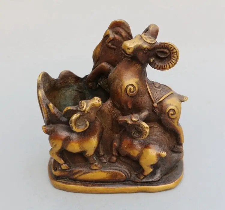 

China Bronze Hand-made Three Goats penholder Lucky statue