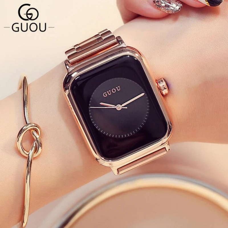 GUOU Элитный бренд качество часы розовое золото для женщин часы прямоугольник полный сталь браслет montre femme relogio femmes montres