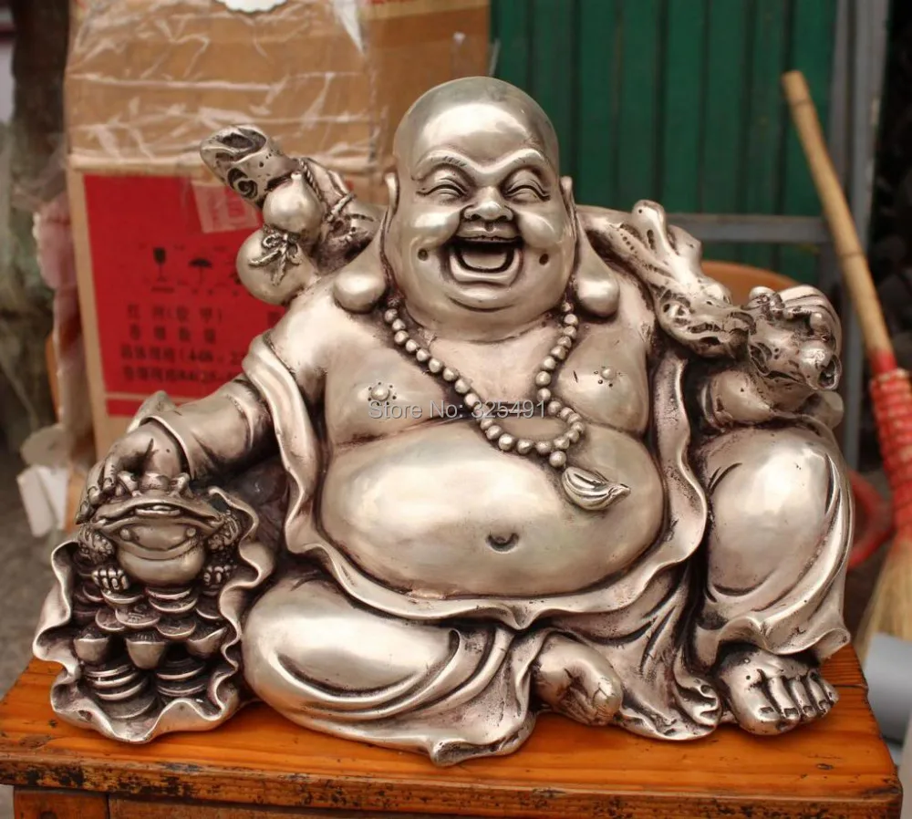 

15" China Silver Happy Laugh Maitreya Buddha Wealth Cicada Money Calabash Statue free shipping