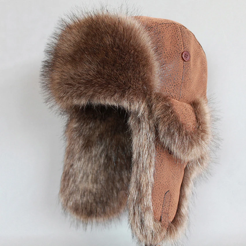 

Winter Men Bomber Hat Wind Proof Russian Ushanka Snow Ski Cap Earflaps Aviator Hat Vintage Artificial Leather Fur Trapper Hats