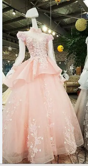 CloverBridal Высокая шея cap рукава длинные синие женские модельные элегантные пикантные Иллюзия Назад со стразами цепи кружева 3D цветы - Цвет: Розовый