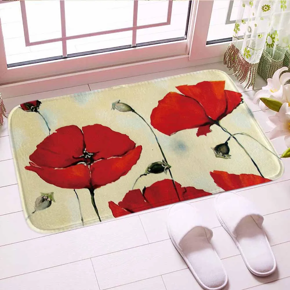 Custom Non-Slip Red Poppy Flower Bathroom Floor Mat Bath Rug Soft Carpet Rug