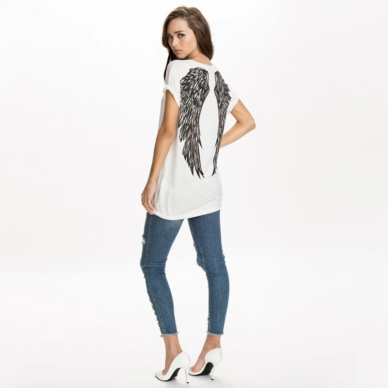 2016 New spring summer T-shirts women unique angel wings back  printing short sleeve loose tshirt ladies t shirt G1072