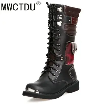 

MWCTDU Drop Shipping Shoes Men Buckle Lace Up High Combat Boots Fashion Mens Shoes British Metal Military Motorcycle Boots