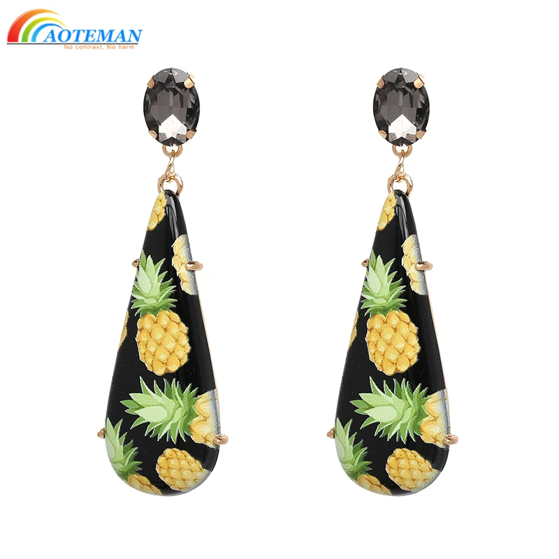 

AOTEMAN Bohemia Pineapple printing Statement Dangle Earrings 2019 new arrival Ethnic arrival water drop long drop earring