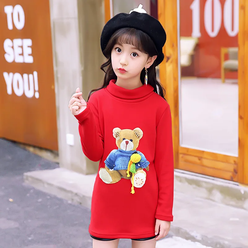 

Children's clothing girls sweater children plus velvet bottoming shirt autumn winter models cartoon stickers bear bear wild wear