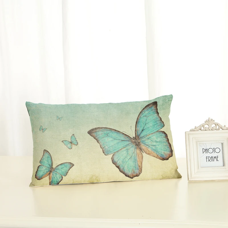 

High Quality Butterfly Housewear Lumbar pillow Chair Cushion Cover Soft Pillow Case Cojines Almofadas Cotton Linen Square 30x50