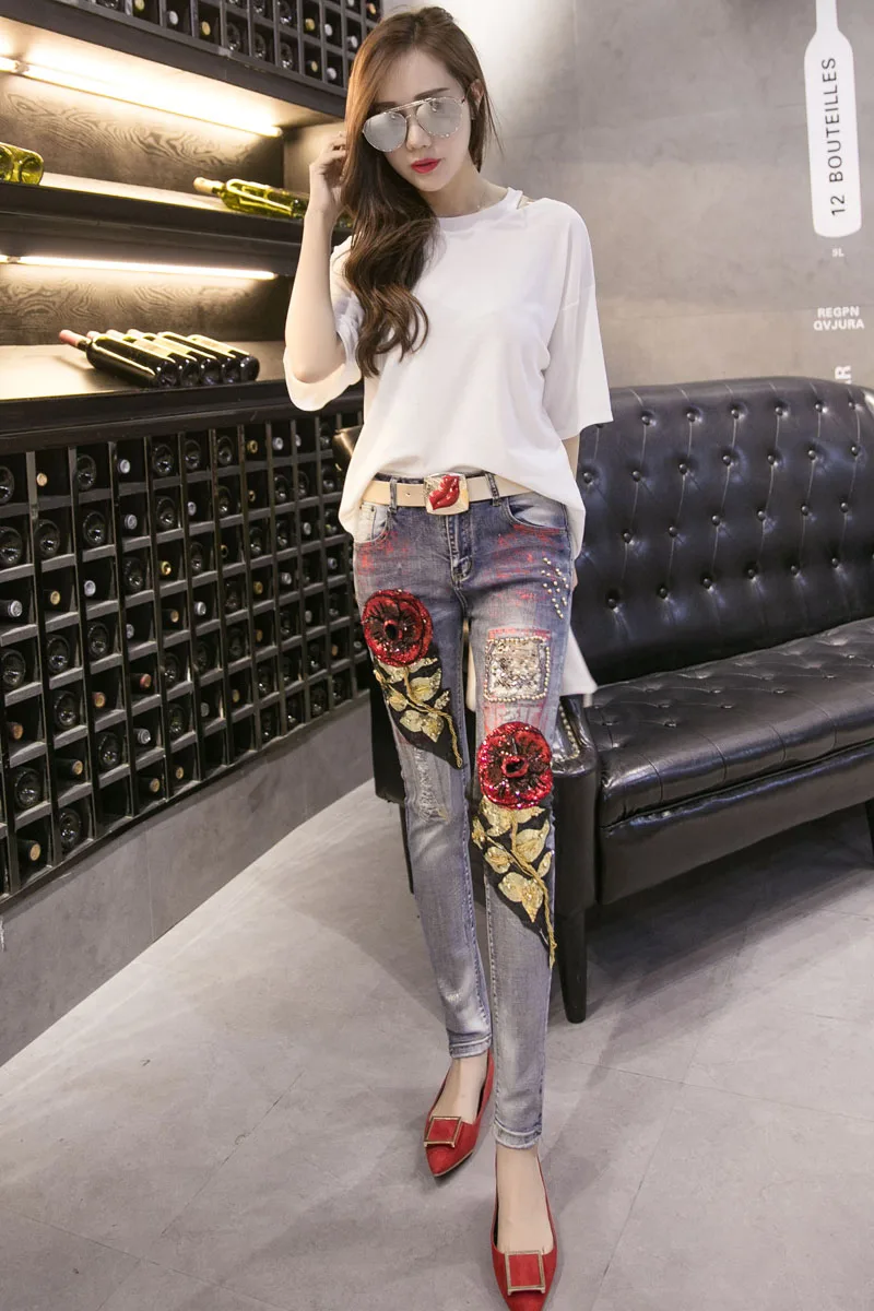 Женские джинсы с объемными цветами, обтягивающие джинсы с цветочной вышивкой, женские рваные брюки с вышивкой