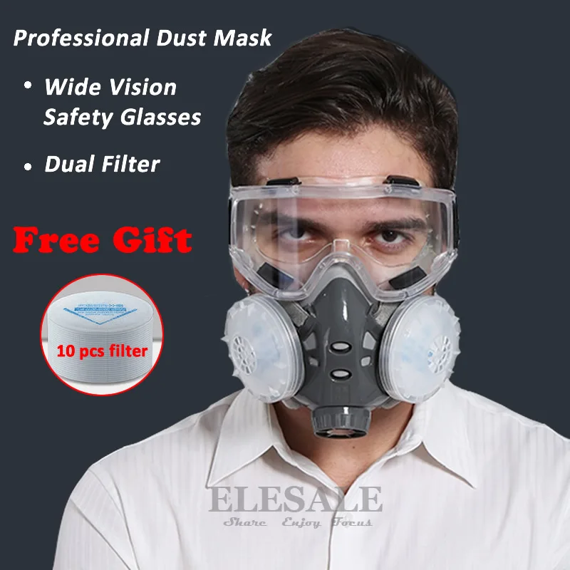 

Half Face Respirator Dust Mask With Safety Glasses For Builder Carpenter Daily Haze Protection Work Safety Mask 5 Layer Fliter
