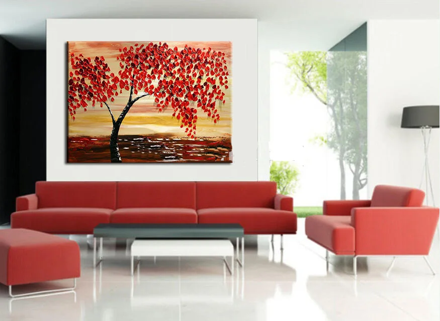 

Palette knife Thick Paint Red Tree Painting Modern Abstract Oil Painting on Canvas Living Room Home Decoration Wall Art Picture