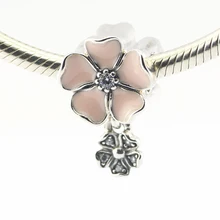 Серебряные бусины 925 пробы очаровательные цветы серебряные Висячие с нежно-розовые эмалевые и прозрачные CZ DIY Бусины Подходит Pandora Подвески Браслет