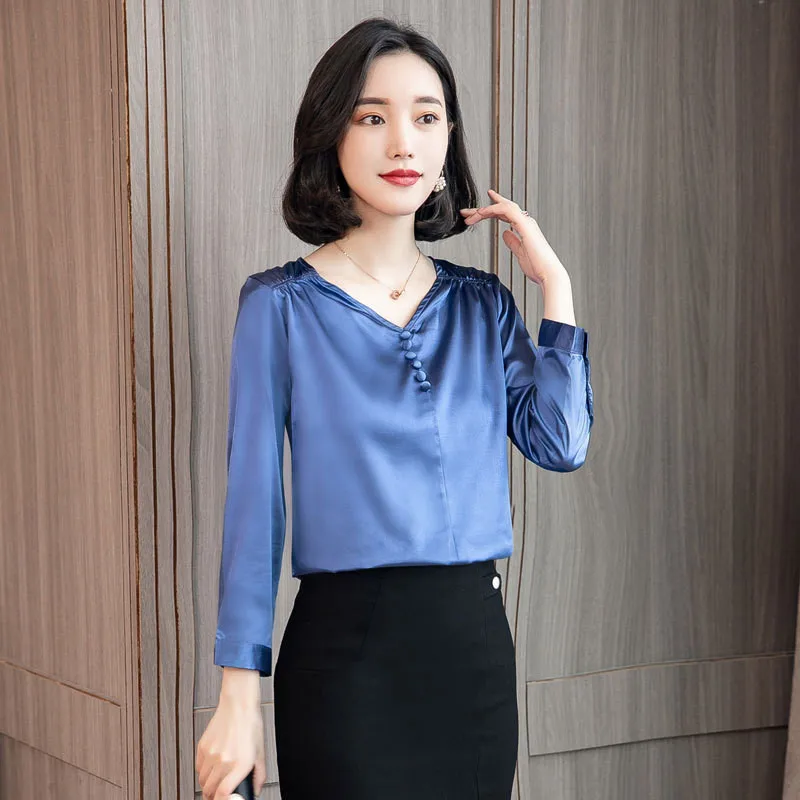 7.1       39.99、Women's shirts spring and autumn new women's fashion long-sleeved V-neck wild color shirt women's business wear
