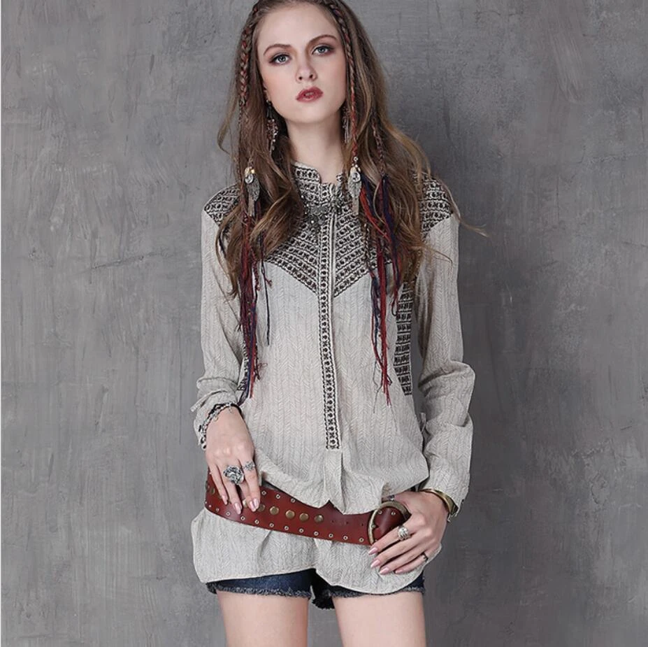 

linen blouse 2019 Spring New Cotton tunique femme Vintage Embroidery Long Fashion Long Sleeve Shirt women's blouse