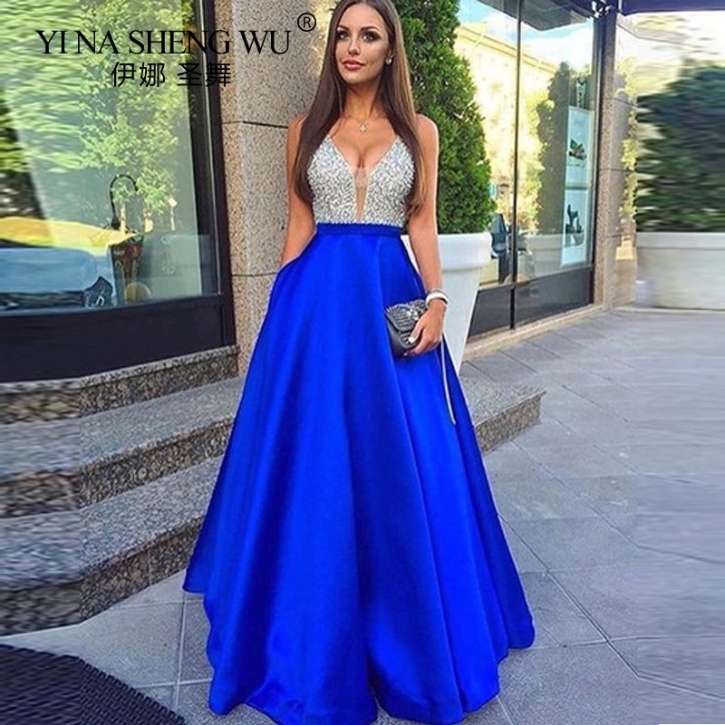 

Stitched Halter Dress Sexy V-neck Sleeveless Sequined High Waist and floor-length dress party dress blue A-line Long Dress