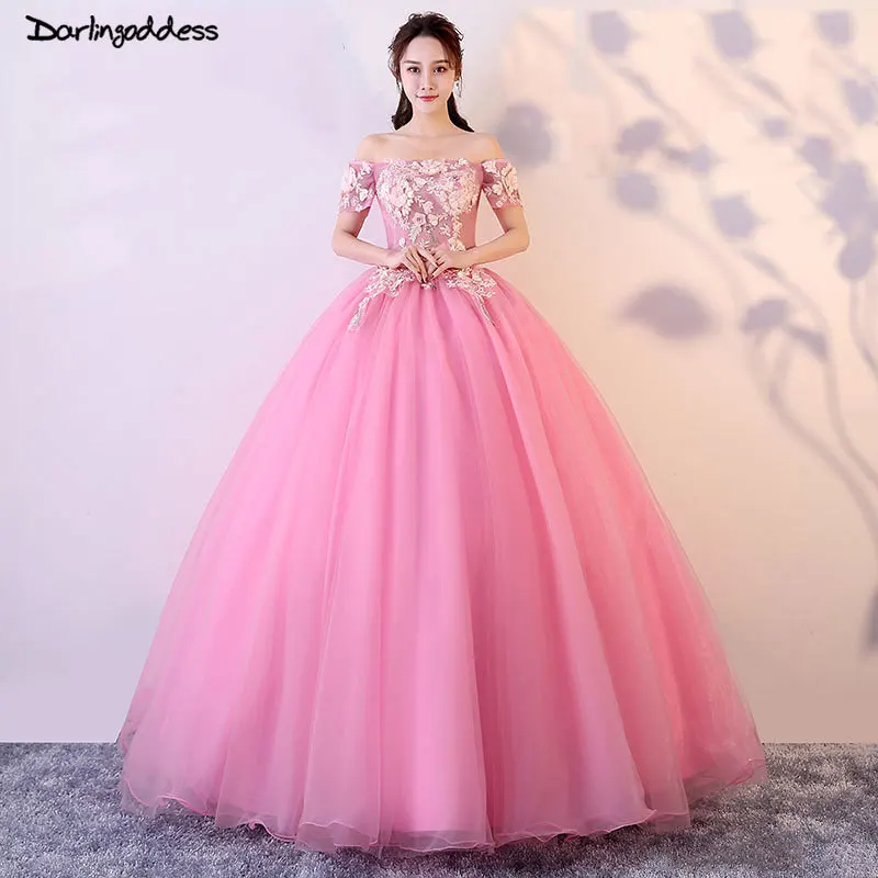 Vestido de Noiva 2018 Pink Ball Gown Wedding Dresses Short Sleeves 3D ...