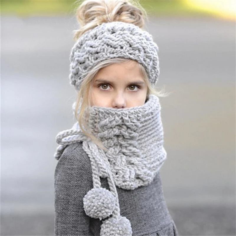IANLAN Cute Kids Winter Thermal Sets Headband Style Caps Mufflers Lovely Girls Solid Knit Wool Hats Scarves Set IL00194