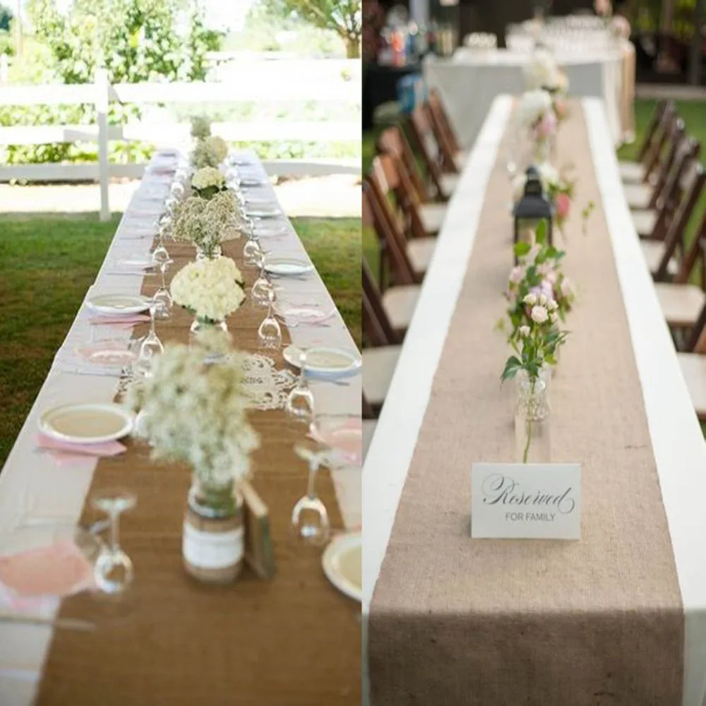OurWarm 10mx33cm Burlap Table Runners for Wedding Banquet Hessian Jute