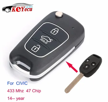 

KEYECU Replacement Upgraded Flip Remote Car Key Fob 3 Button 433 MHz ID47 for HONDA Civic after 2014 Uncut Blade