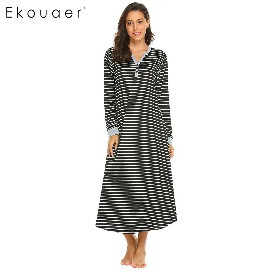 Ekouaer Women Long Nightdress Chemise Nightgown Casua Long l Sleeve V Neck Stripe Sleepwear Nightgown Female Sleepshirts - Цвет: black white