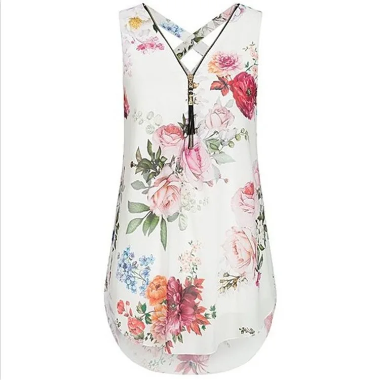 

Baharcelin 4XL 5XL Women Girl Shirts Tops Summer Print flower Blouse Shirt Sleeveless Loose Chiffon Plus Size Top Clothing