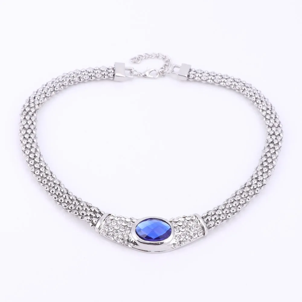 Модные Ювелирные наборы для Для женщин синий овальный кулон "кристалл Цепочки и ожерелья Серьги браслет кольцо посеребренные Наборы свадебных ювелирных изделий