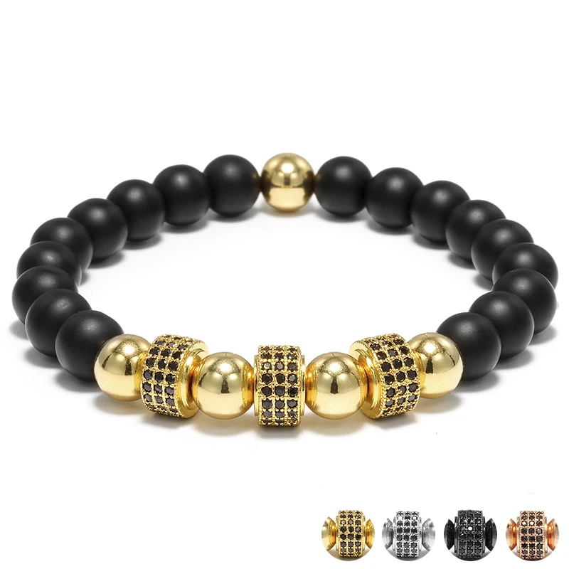 

Trendy CZ Wheel Circle Rivet Men Bracelet Fashion Jewelry Elastic Black Stone Beaded Bracelet Male Accessories Armband Mannen