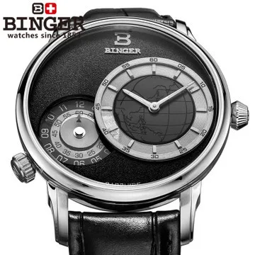 Military Binger GMT Watch for Men Japan Quartz watches Luxury brand Casual watch Leather wristwatch Map