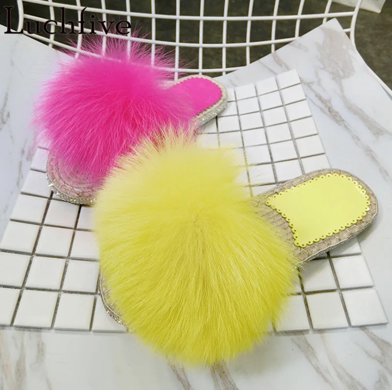 

Spring summer sandals women candy color fur slippers bling bling crystal flat heel flipflops 2018 outdoor hemp rope shoes women
