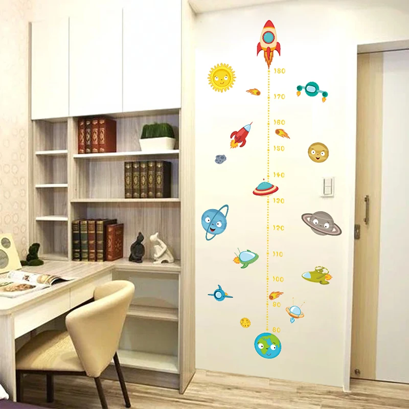 

Cartoon Solar System Rocket Height Measure Wall Stickers For Kids Rooms Outer Space Wall Decals Growth Chart Mural Wall Art