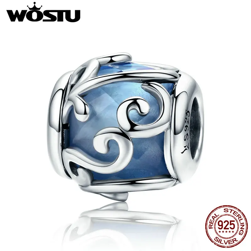 

WOSTU 100% 925 Sterling Silver Dancing Waves Light Blue Crystal Stone Charm Beads fit Women Charm Bracelet DIY Jewelry FIC557