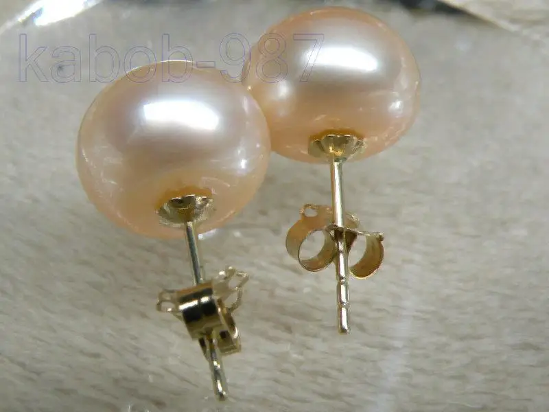 

FINE perfect bread AAA+10.5mm pink akoya pearl earring solid 14K/20 yellow gold