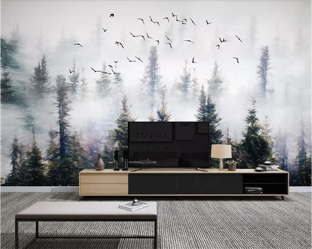 Custom wallpaper hand-painted pine forest cloud bird wallpaper background wall murals living room bedroom 3d wallpaper