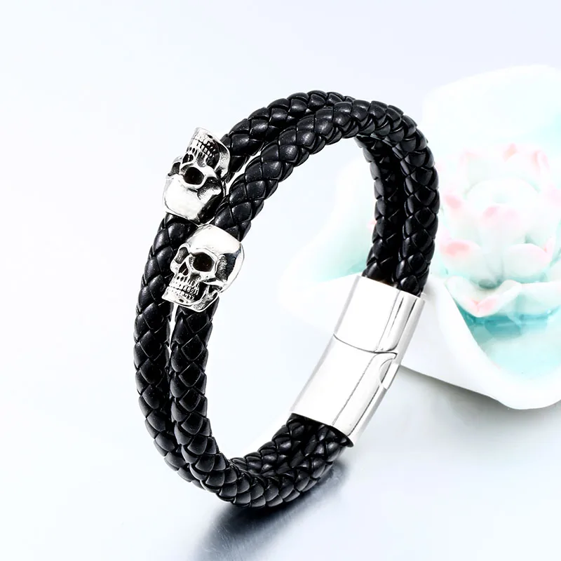 Steel Soldier Stainless Steel Punk Skull Leather Rope Bracelet Jewelry